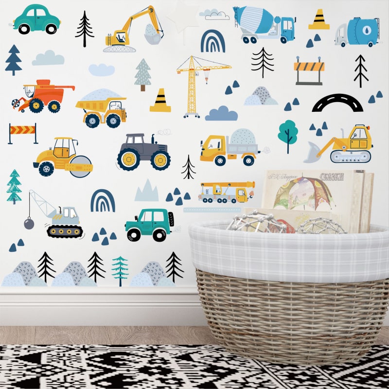 Flot Wallsticker Med Transportmidler Såsom Gravkøer  Traktorer  Kranbiler  Lastbiler  Kraner Mm  90 Stk