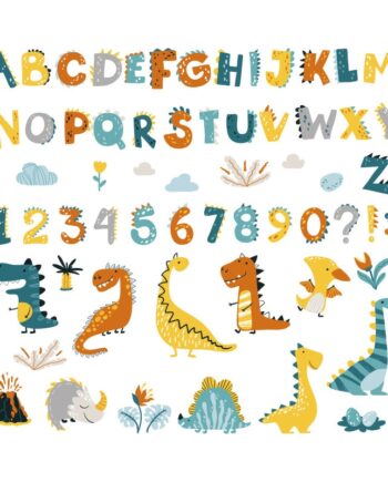 Sød Dinosaur Wallsticker Med Et Farverigt Alfabet  Bogstaverne   Til   Samt Tal Fra  -