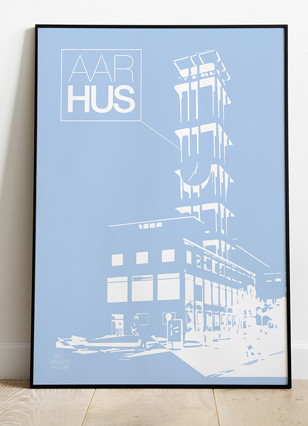 Aarhus-plakat Med Rådhustårnet Stor  Blå  21   29    A4  Kr  199 -