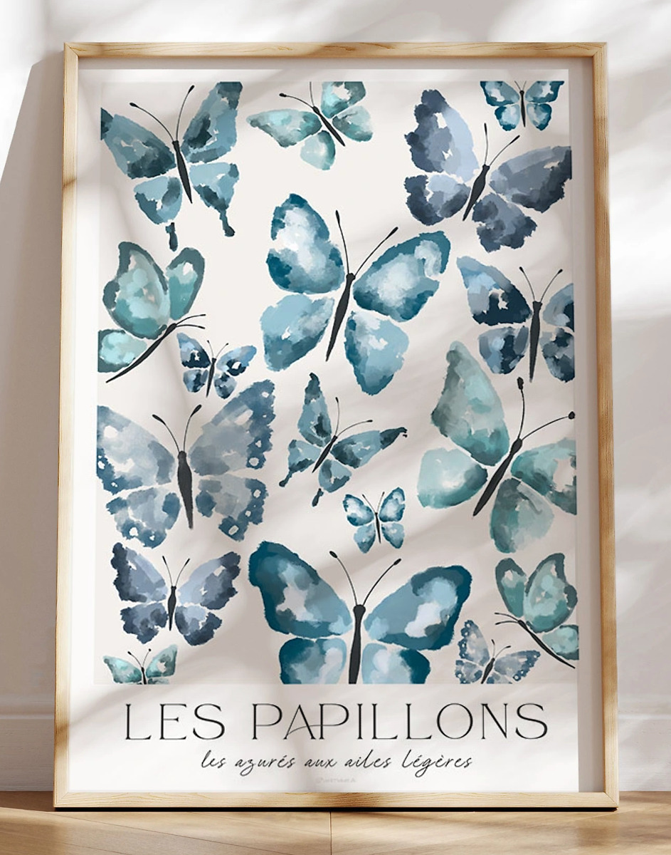 Blå Plakat Med Sommerfugle Les Papillons