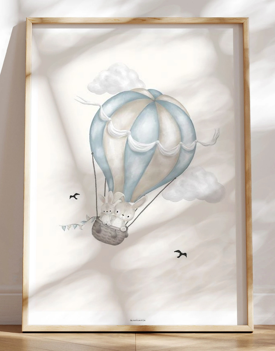 Børneplakat Rejsende Kaniner   Babyblå Luftballon