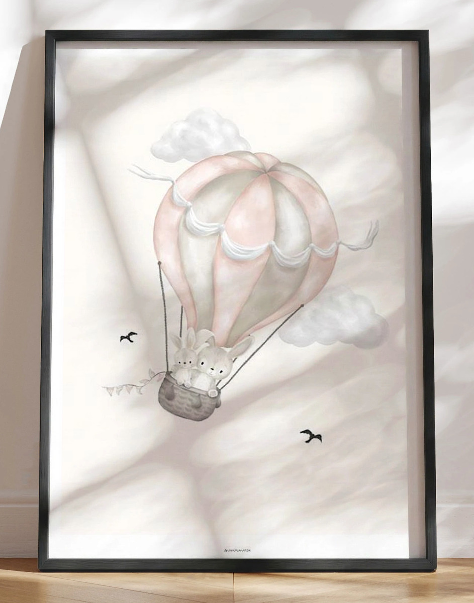 Børneplakat Søde Kaniner   Pink Luftballon