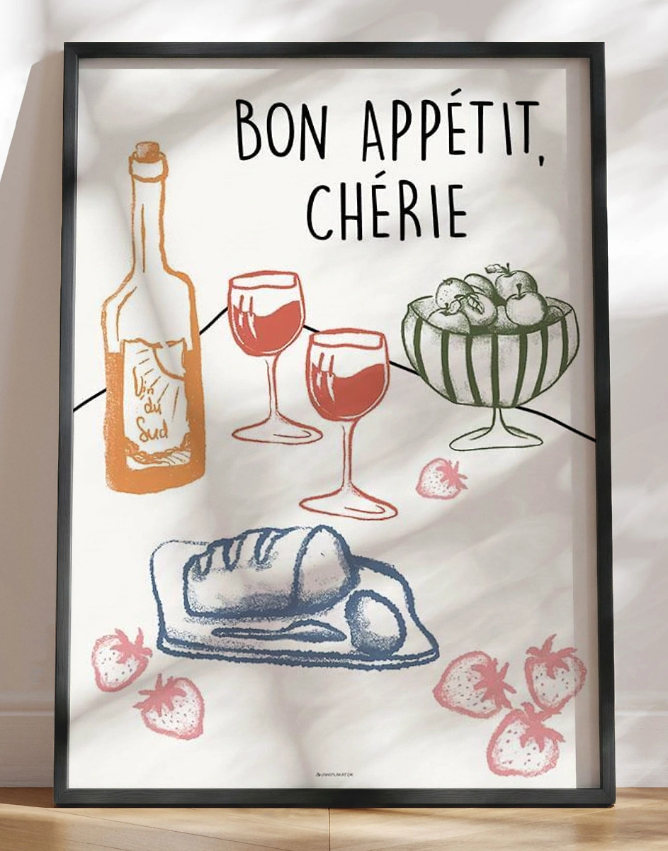 Bon Appetit Cherie Festlig Mad- Og Vinplakat