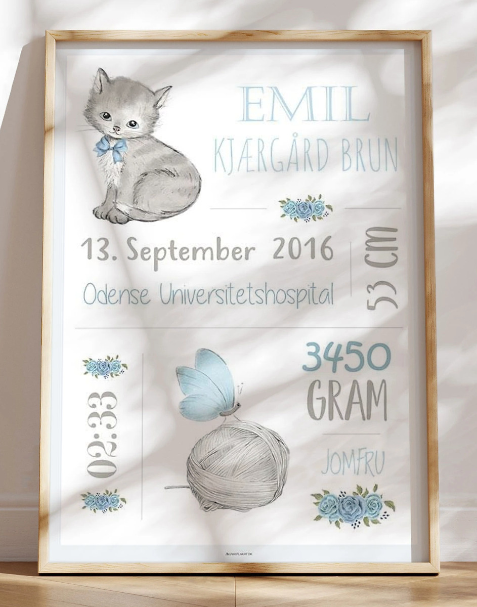 Dåbstavle Med Kat Personlig Fødselsplakat Til Den Lille Dreng