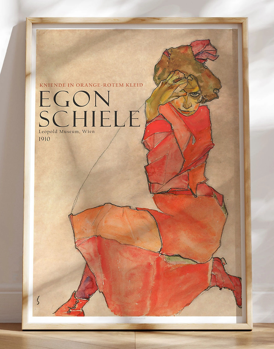 Egon Schiele Kneeling Female In Orange Red Dress
