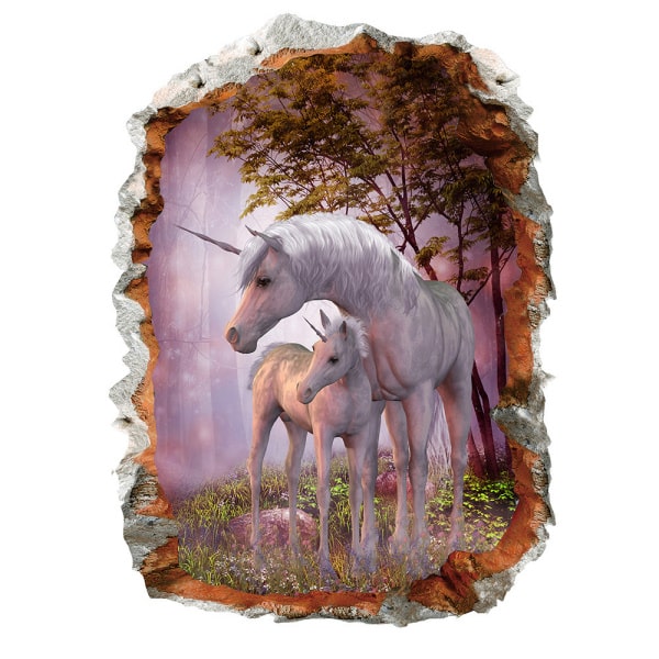 Enhjørning Wallsticker  Mor Med Sit Føl  Hul   Væggen  50x70cm
