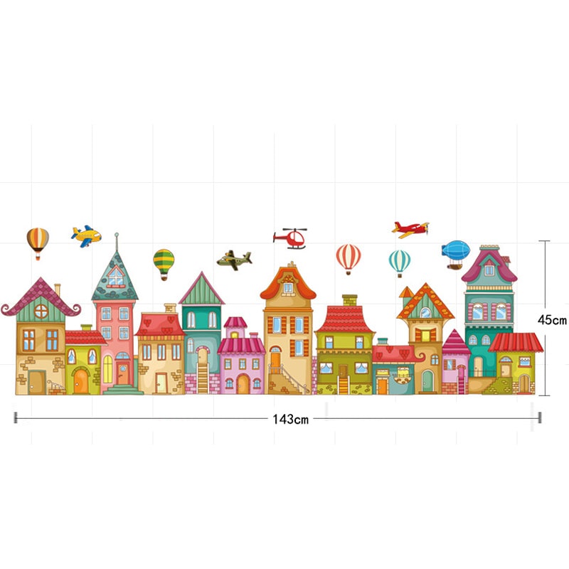 Farverig Wallsticker Med En Flot Hyggelig By Med Huse  Luftballoner  Flyvere Mm
