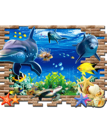 Flot Wallsticker Med Delfiner  Hul   Væggen  97x67cm