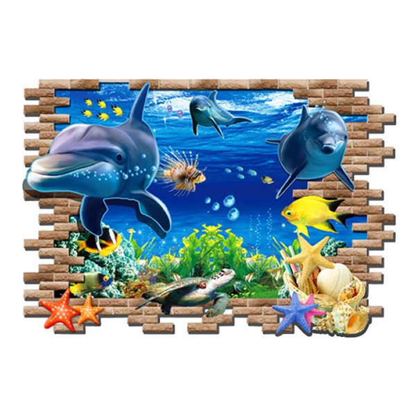 Flot Wallsticker Med Delfiner  Hul   Væggen  97x67cm