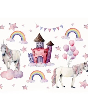Flot Wallsticker Med Enhjørninger  Regnbuer  Slot  Balloner Mm