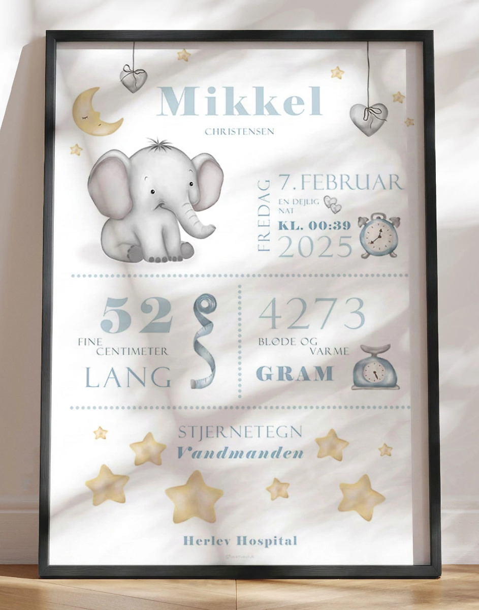 Fødselstavle Med Elefant Babyblå Til Dreng