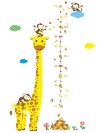 Giraf Wallsticker  Målebånds Wallsticker Med En Stor Giraf Og Søde Aber  80-180cm