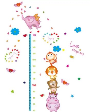 Højdemåler Wallsticker  Dyretårn Og Masser Af Hjerter  60-180cm