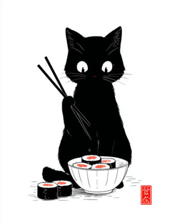 Japansk Plakat    Kat Med Sushi Og Spisepinde
