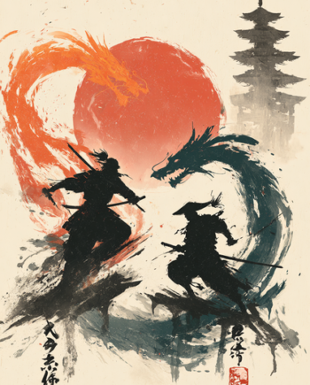Japansk Plakat 160  Samurai Og Drager