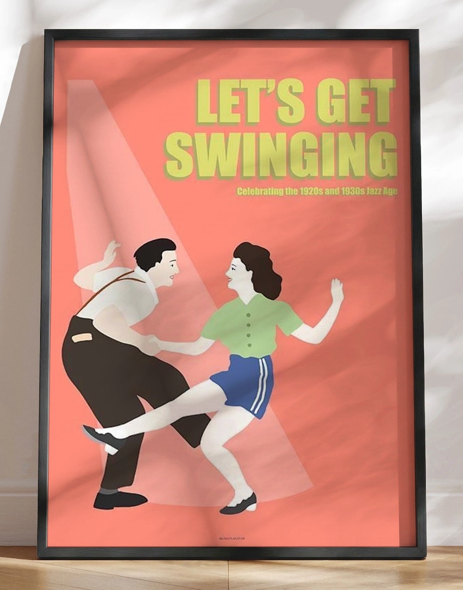 Let   Get Swinging Farverig Plakat Med Jazzdans