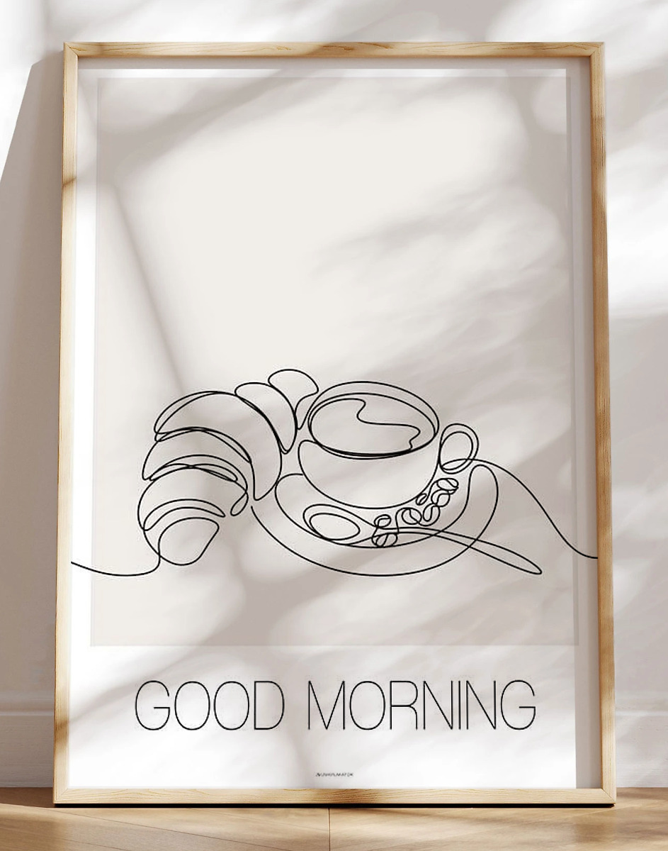 Line Art Plakat Med Kaffe Og Croissant Good Morning