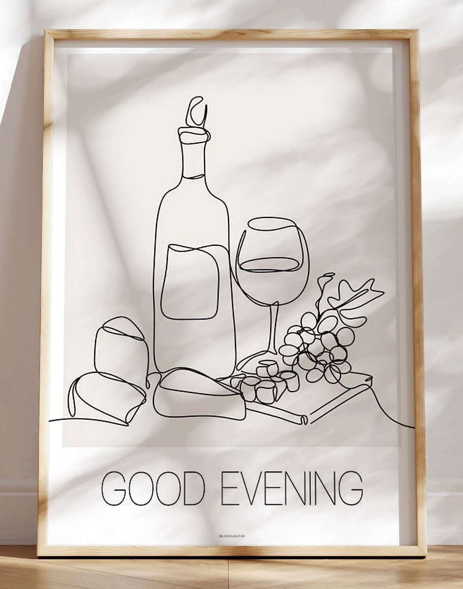 One Line Plakat Med Vin Og Ost Good Evening