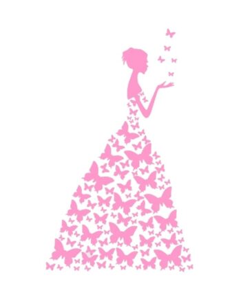 Pige Med Sommerfuglekjole Wallsticker  89x58 Cm  Pink