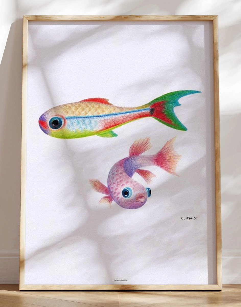 Plakat Med To Håndtegnede Og Farverige Fisk