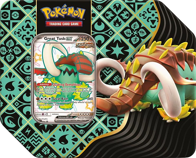 Pokemon Tin Kasse 2024 Wave Winter Usa Version : Great Tusk Ex Scarlet Violet: Paldean Fates Collector Tin Box Boosters