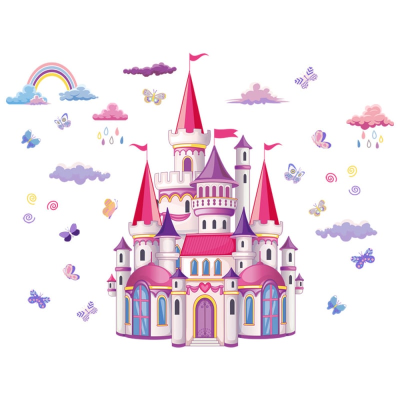 Prinsesse Wallsticker Med Et Flot Slot   Lyserøde Og Lilla Nuancer  100x76cm