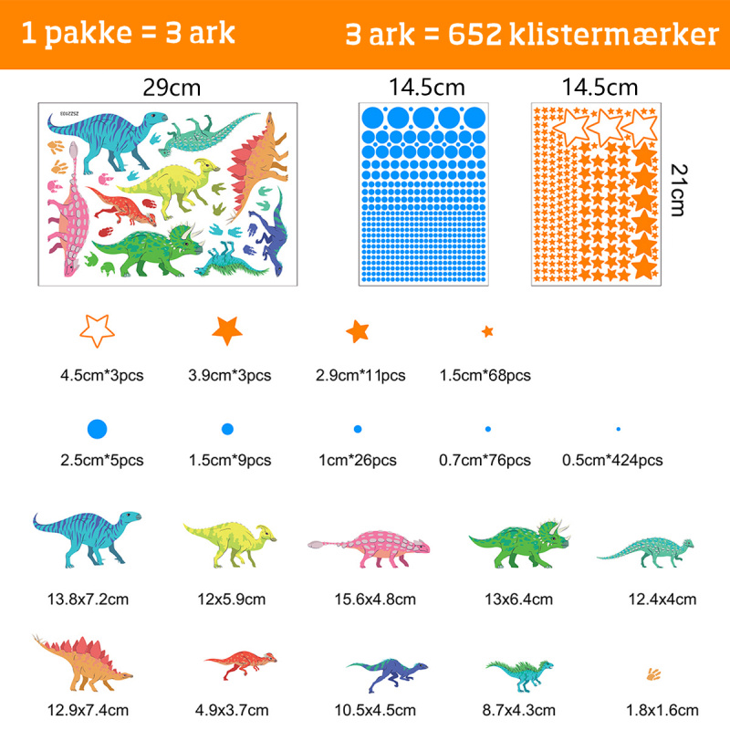 Sej Selvlysende Wallsticker Med Dinosaurer  Prikker Og Masser Af Stjerner  Hele 652 Stk