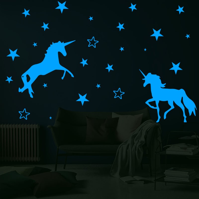 Selvlysende Enhjørning Wallsticker Med To Enhjørninger Og 29 Stjerner  Blå