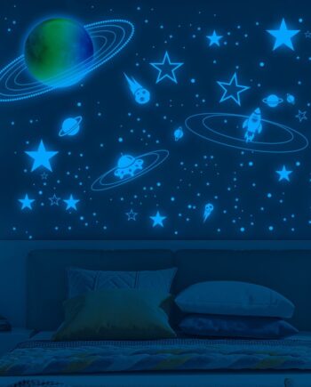 Selvlysende Wallsticker Med En Farverig Måne  Stjernehimmel  Planeter Mm  1044 Stk  Blå