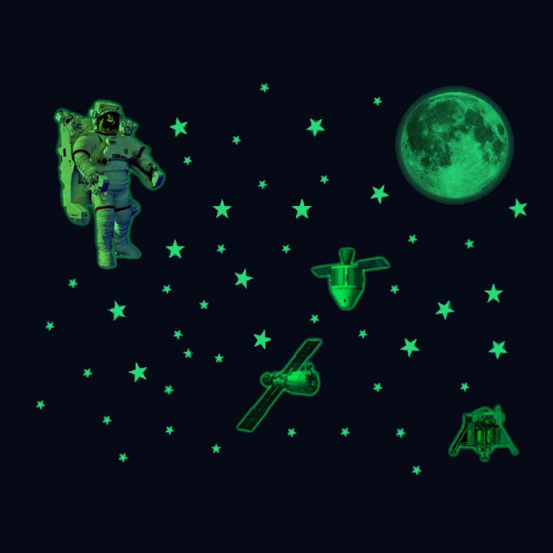 Selvlysende Wallsticker Til Den Lille Astronaut  Stjernehimmel Med En Astronaut  En Måne  Satellitter Mm
