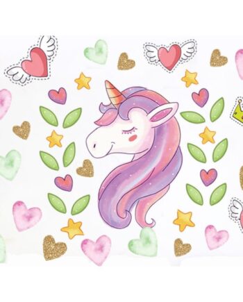 Sød Enhjørning Wallsticker Med Masser Af Hjerter  30x60cm
