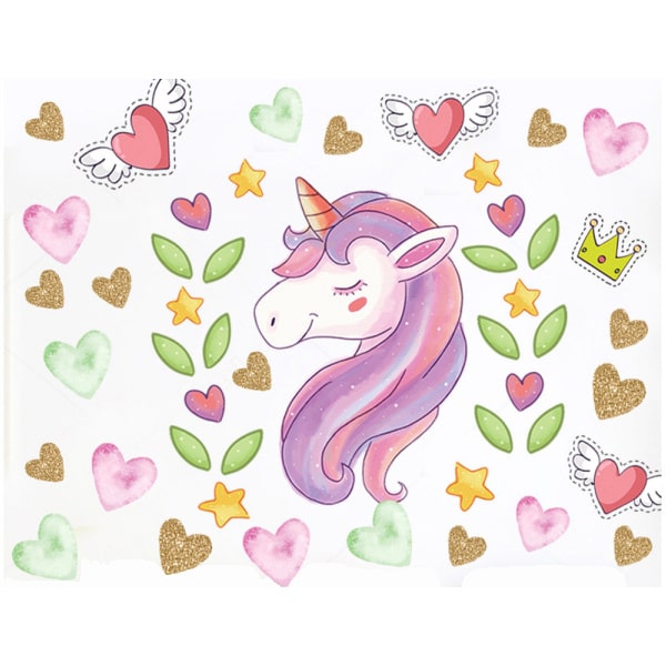 Sød Enhjørning Wallsticker Med Masser Af Hjerter  30x60cm