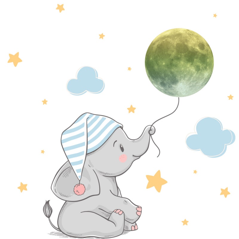 Sød Selvlysende Wallsticker Med En Lille Elefant Unge Der Holder Månen   En Snor  Lille  18 Stk