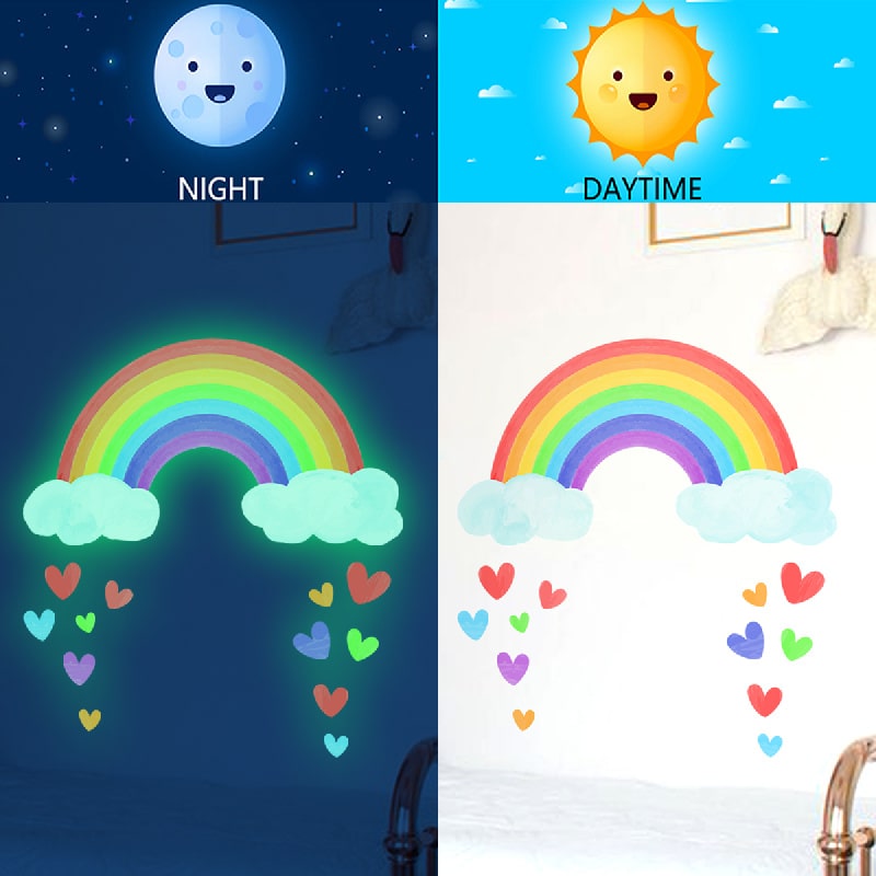 Sød Selvlysende Wallsticker Med En Regnbue Og Masser Af Hjerter