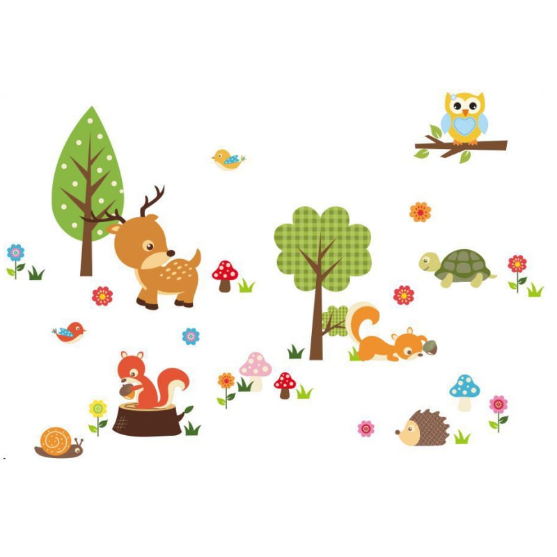 Sød Wallsticker Med Alle Skovens Dyr  Dådyr  Egern  Skildpadde  Pindsvind  Ugle Mm