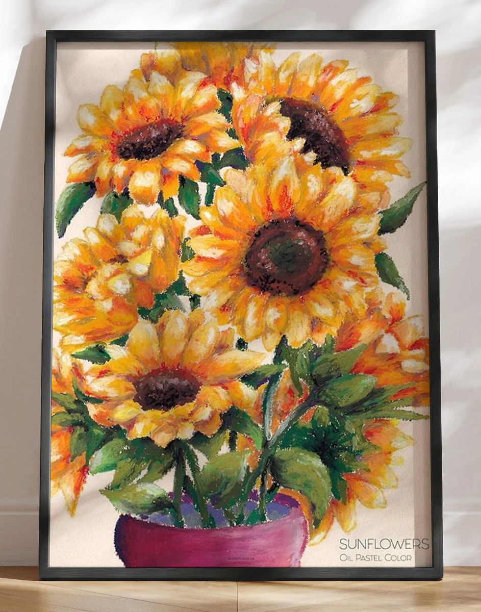 Sunflowers Plakat Oliepasteltegning