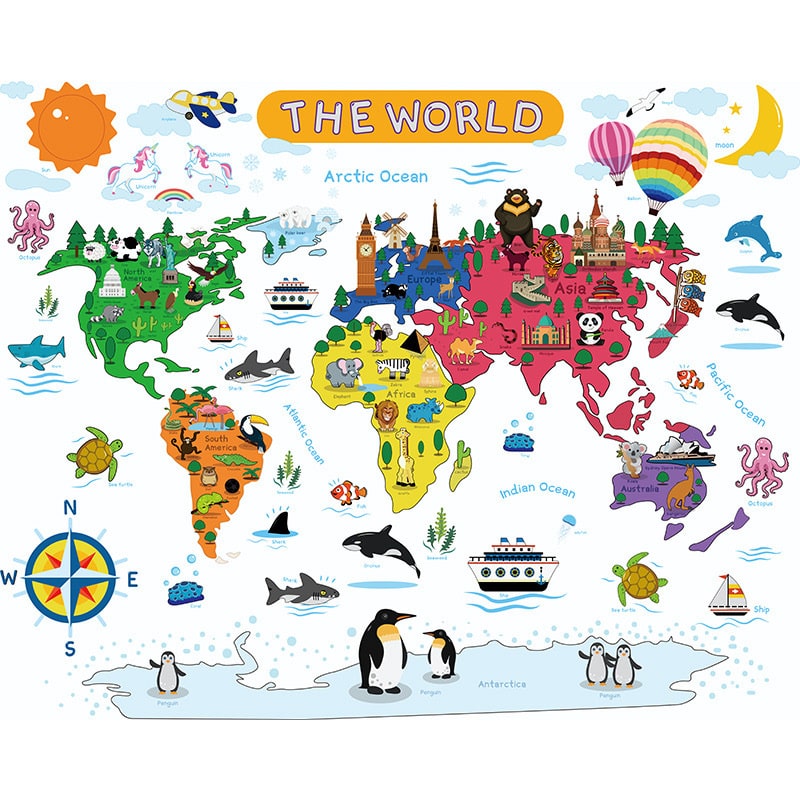 The World Wallsticker  Flot Og Farverigt Verdenskort For Børn