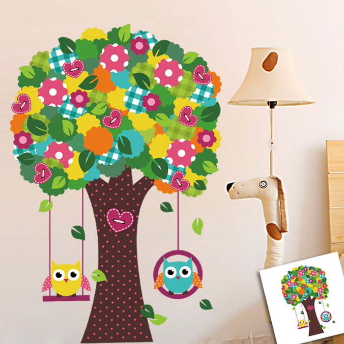 Ugler Der Gynger   Farverigt Træ Wallsticker