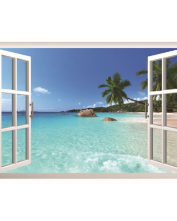 Vindue Til Paradis  Wallsticker Med Stranden Som Nabo  90x60cm