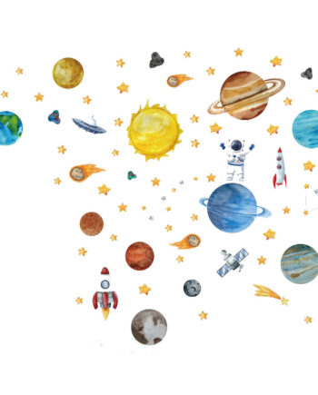 Alle Planeterne   Vores Solsystem  Farverig Universet Wallsticker Med Rumskibe  Ufoer Mm