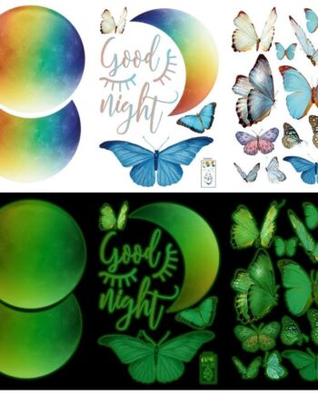 Flot Selvlysende Wallsticker Med En Farverig Måne  Halvmåne Og Masser Af Sommerfugle