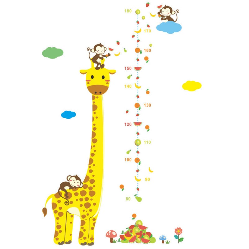 Giraf Wallsticker Målebånds Wallsticker Med En Stor Giraf Og Søde Aber 80-180cm
