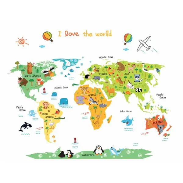 Love The World Wallsticker Flot Verdenskort For Børn