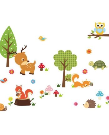 Sød Wallsticker Med Alle Skovens Dyr  Dådyr  Egern  Skildpadde  Pindsvind  Ugle Mm