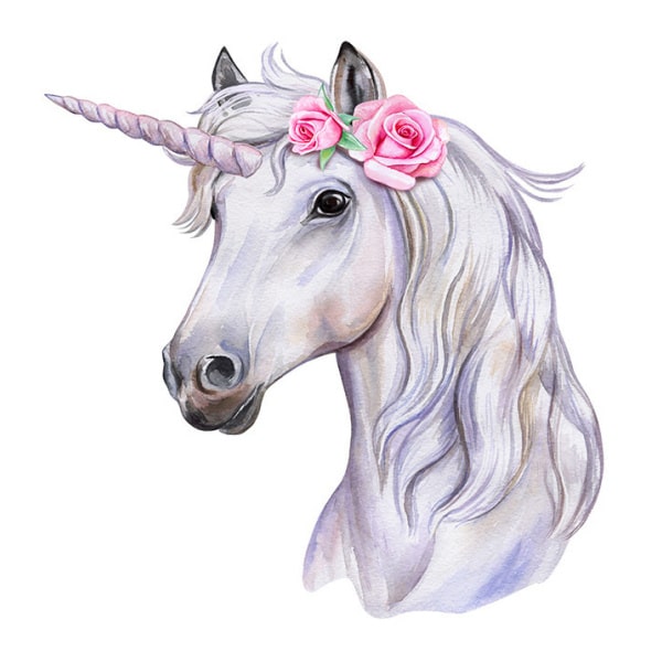 Wallsticker Med Et Flot Enhjørning Hoved Hvid Med Pink Roser