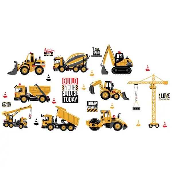 Wallsticker Med Maskiner Fra En Byggeplads Lastbiler Kraner Mm