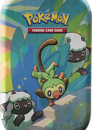 Pokemon Tin Kasse 2020 Spring Galar Pals Mini Tin: Grookey   Wooloo    Boosters  Billedkort   Mønt
