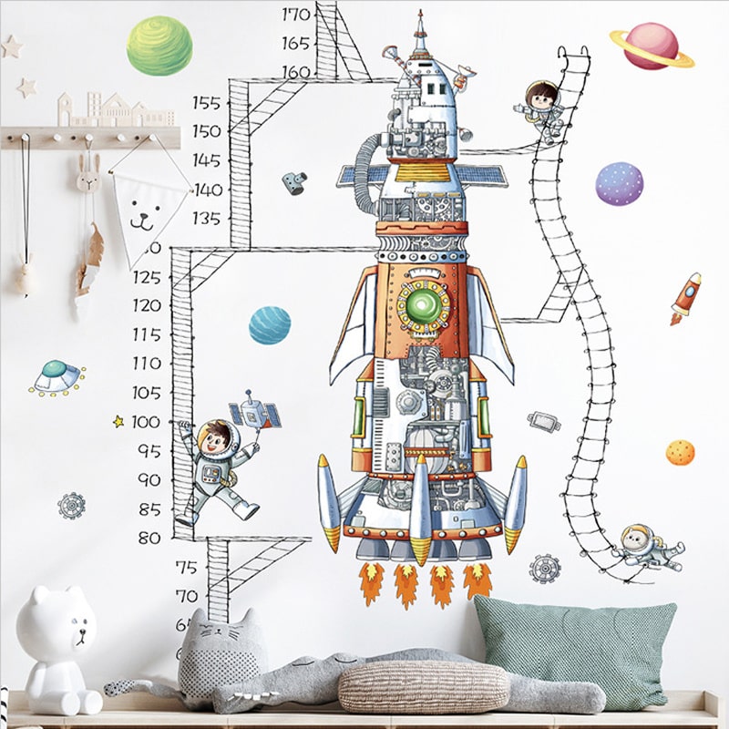 Rigtig Flot Rumraket Målebånds Wallsticker  Højdemåler Til Rum-entusiasten Op Til 170cm